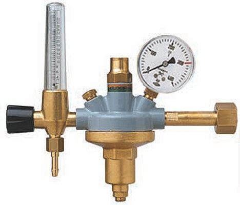 Standard pressure regulator with built-on flowmeter for 3 l/min, 16 lts/min or 32 lts/min for 300 bar Standard pressure regulator with built-on flowmeter for 3 l/min, 16 lts/min or 32 lts/min for 300 bar